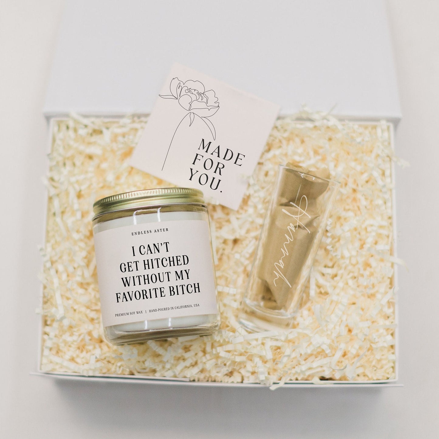 I Can't Get Hitched Without My Favorite Bitch Candle & Shot Glass Gift Box