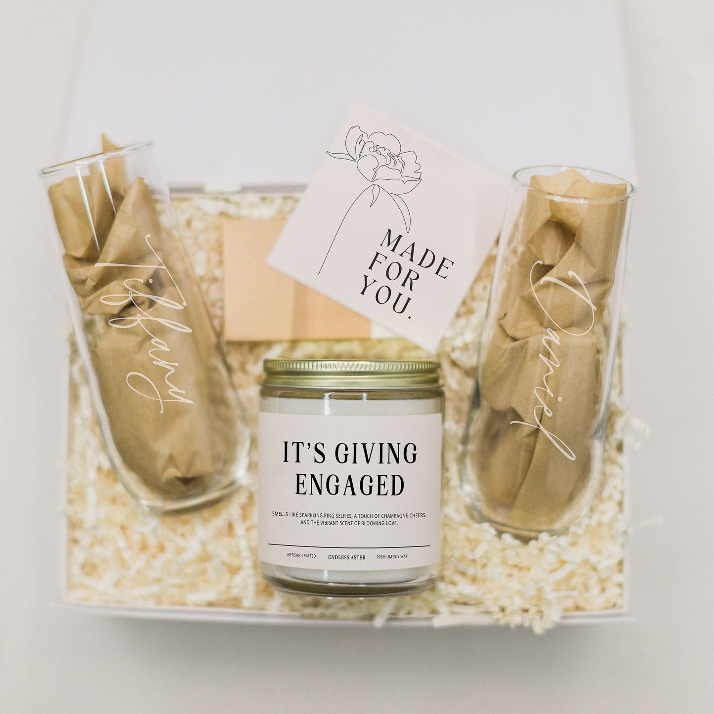 Personalized Engagement Gift Box for Her, IT'S GIVING ENGAGED Candle and Keepsake Champagne Flutes or Shot Glass Gift for Couple with Names