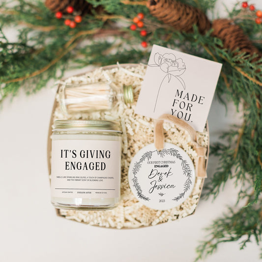 Engagement Ornament Gift Box for Couple, "IT'S GIVING ENGAGED" Engagement Candle, Personalized Christmas Ornament Keepsake with Names